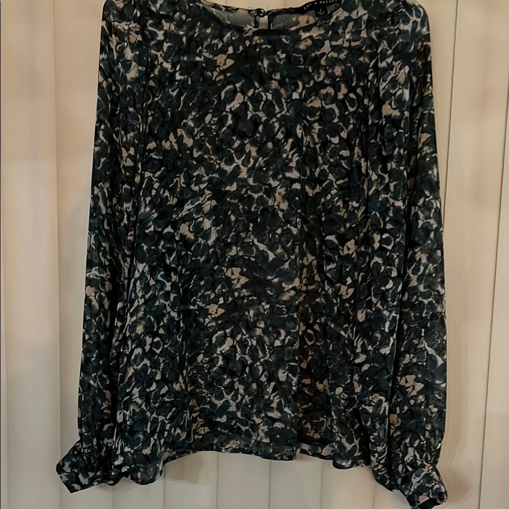 Zac & Rachel Teal & Tan Ruffled Long Sleeve Blouse Sz S